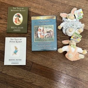Lot of Beatrix Potter. New DVD w/ 5 stories and 2 plush bunnies, 2 books